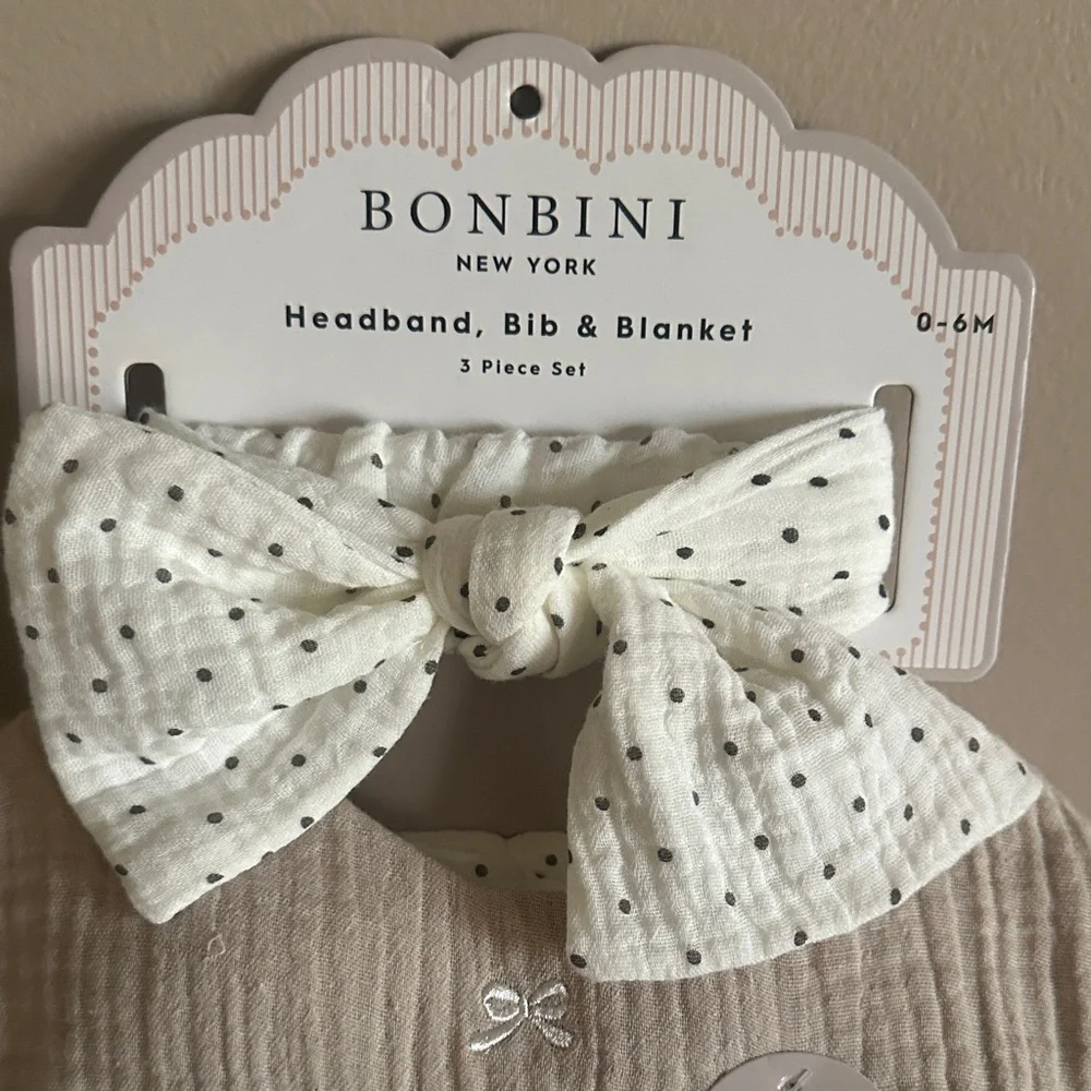Bobini Baby Headband Bib & Blanket Ivory Beige Polk a Dot Set NEW!